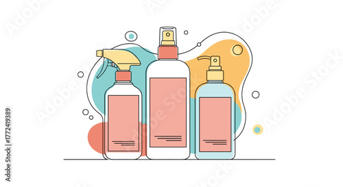 Minimalist line art illustration of three generic liquid dispenser bottles, featuring spray, mist, and pump designs for cleaning or personal care items.