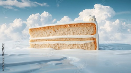 minimalist slice of sponge cake with cream filling against cloudy sky background showing soft dessert texture