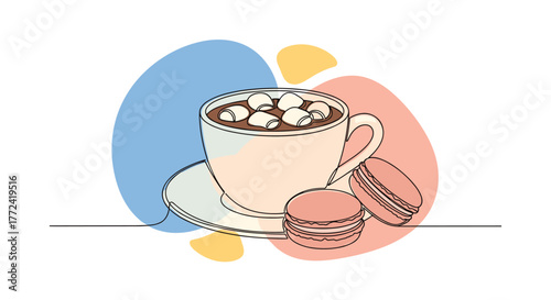 Line art illustration of a cup of hot chocolate with marshmallows and macarons.