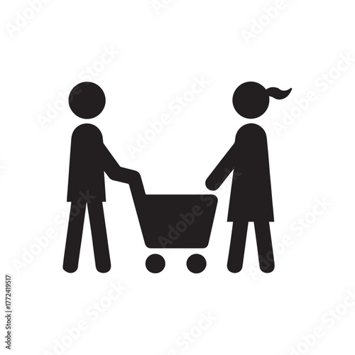 Shopping icon, male person with shopping cart in a glyph pictogram illustration