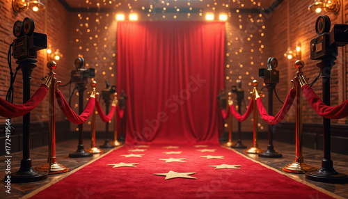 Hollywood event scene with red carpet, stars, film cameras. Velvet ropes, bright spotlights. Retro cinema decor idea. Glamourous premiere award ceremony celebration. Luxury party backdrop. Stage for
