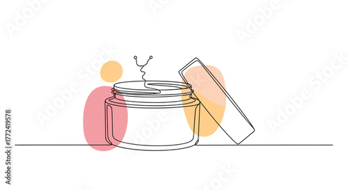 Minimalist jar and lid line art with soft pastel color shapes in the background provides a clean and modern aesthetic design.