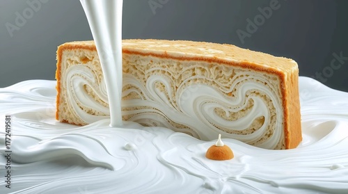 close up of fluffy cake slice covered with smooth white cream representing sweetness and dessert texture