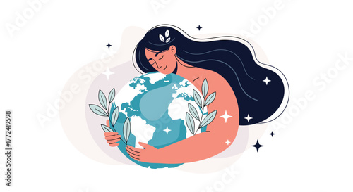 Woman gently hugging the Earth with leaves and stars, symbolizing care for the planet.