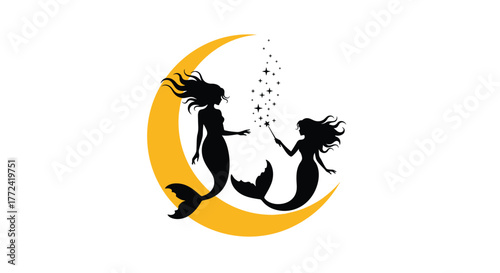 Two mermaid silhouettes, one larger and one smaller, with a magic wand creating stars, set against a golden crescent moon, illustrating fantasy and wonder.