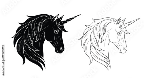 Elegant black silhouette unicorn head alongside an intricate white line art drawing of a unicorn, symbolizing fantasy and magic.
