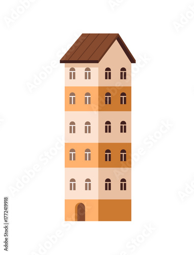 Facade of multistorey residential building. Exterior of suburban multi storey house. Suburb highrise home, townhouse. Architecture of town. Flat isolated vector illustration on white background