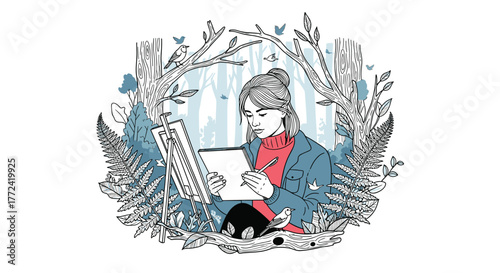 Artist sketching in a forest surrounded by trees, ferns, and birds.