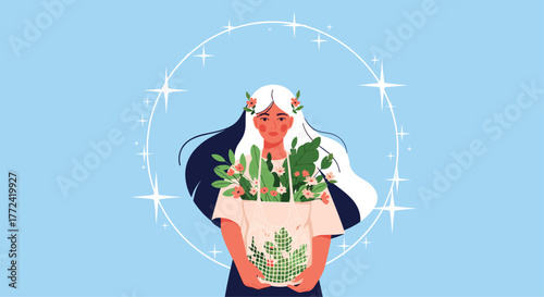 Young woman with a tote bag filled with greenery stands against a backdrop of stars, embodying nature and sustainability.
