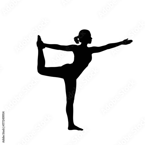 Dynamic Young Female Dancer Performing the Natarajasana Yoga Pose Silhouette