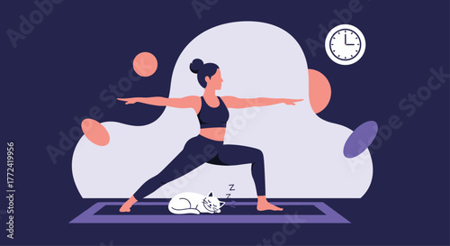 Woman doing yoga in warrior two pose with her cat sleeping nearby on a yoga mat, clock indicates the time is late evening or early morning.
