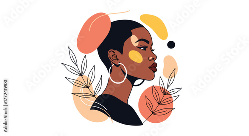 Elegant artwork of a Black woman in profile, surrounded by abstract shapes and botanical elements, in a minimalist, artistic style.