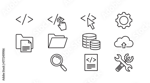 Collection of technology and programming icons coding cloud database gear magnifying glass folders and tools vector