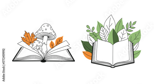 Two whimsical illustrations of open books adorned with autumn elements, representing the magic of reading and nature's beauty.