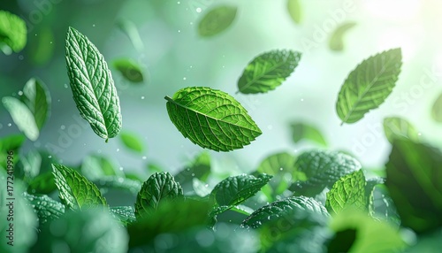 Fresh green mint leaves on a natural background and the aroma of herbal plants