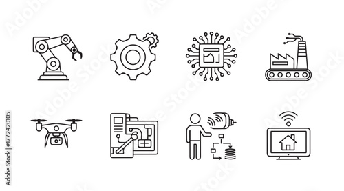 Set of hand-drawn icons representing modern industry automation and technology concepts vector