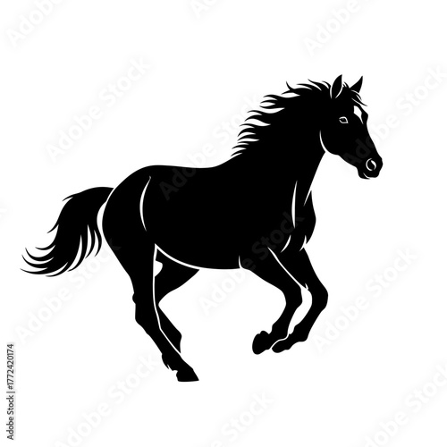 Black horse silhouette running on white background.