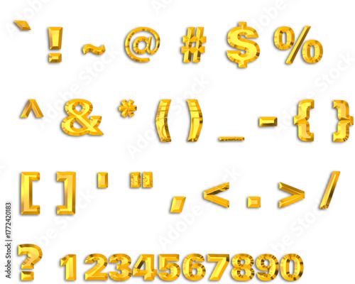 Collection of golden punctuation marks and numbers on a white background display in a grid pattern
