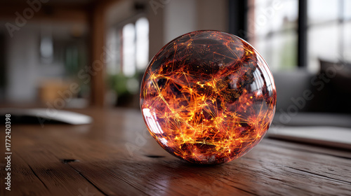 Stunning digital sphere showcases vibrant orange and red patterns, symbolizing energy and connection modern workspace. This captivating piece