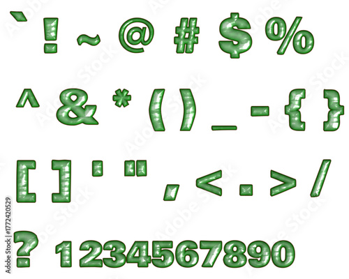 A collection of green symbols and numbers isolated on a white background in a rendered style