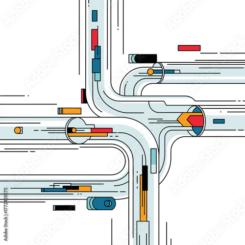 Abstract illustration of a complex road intersection with traffic.