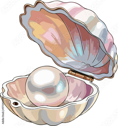 Realistic Open Pearl Shell with Shiny Pearl Vector Illustration Isolated