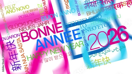 Bonne Année 2026 voeux nuage de mots couleurs nouvel an réveillon animation animation vidéo tag cloud	
