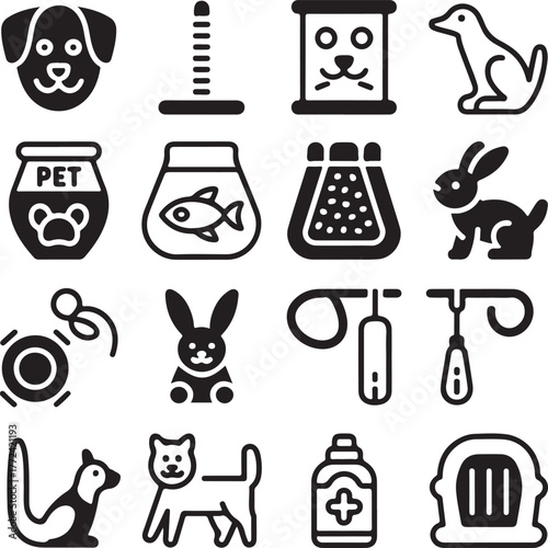 Collection of pet care icons featuring dogs cats rabbits birds fish and pet accessories