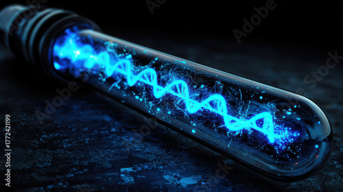 Glowing test tube filled with blue energy represents concept of crispr in de extinction, showcasing potential of genetic engineering