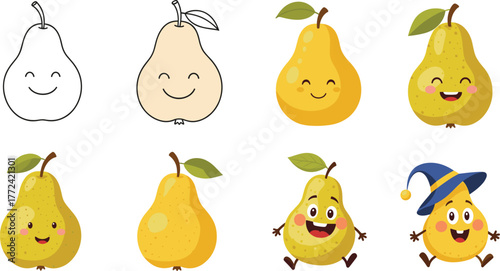 Cartoon Pear Character Vector Set, Funny Happy Fruit Mascot Development, Coloring Page and Halloween.