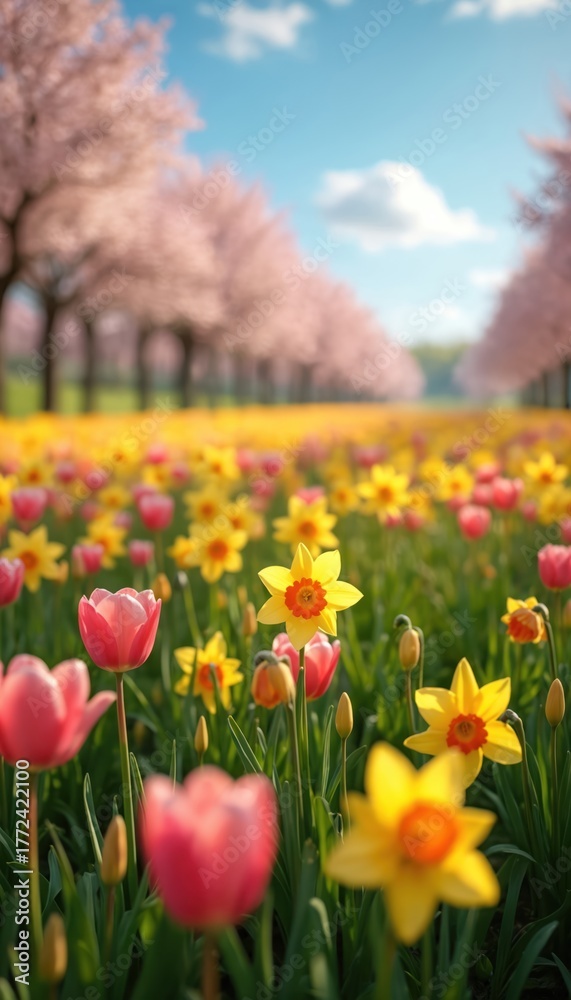 Fototapeta premium Vibrant field of pink tulips, yellow daffodils, green grass covers ground. Cherry trees blossom in distance under bright blue sky filled with white clouds. Gorgeous spring landscape displays colorful