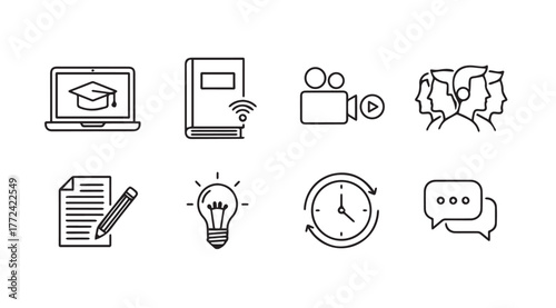 Set of hand drawn icons representing education business and communication concepts vector