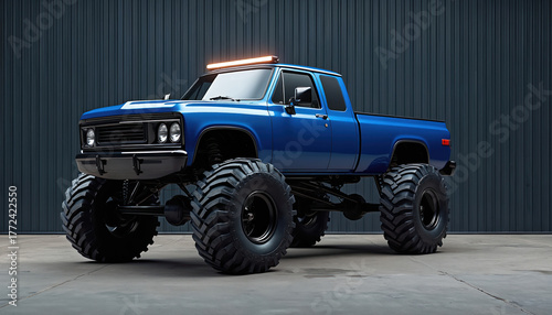 Powerful shiny blue monster truck with massive tires sits inside grey industrial garage. Custom lifted pickup features robust suspension system. Bright roof light bar completes vehicle look.