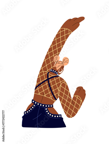 Happy girl has fun at techno rave in night club back view. Woman dances to electronic music at party in nightclub. Nightlife and trendy disco in cyber style. Flat isolated vector illustration on white