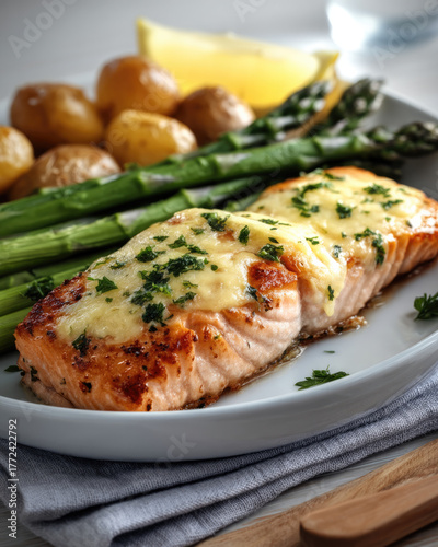 Herb crusted salmon fillet with melted cheese, roasted potatoes, and asparagus on white plate, fresh and appetizing meal