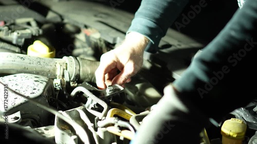 pumping fuel into a diesel after replacing the fuel filter. Close-ups of fuel after pumping. Night independent home car repair near the garage, atmospheric lighting