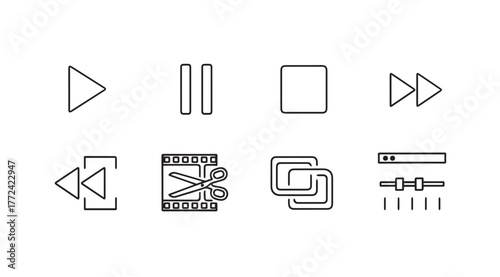 Set of media player icons play pause stop fast forward rewind cut layer and timeline controls vector