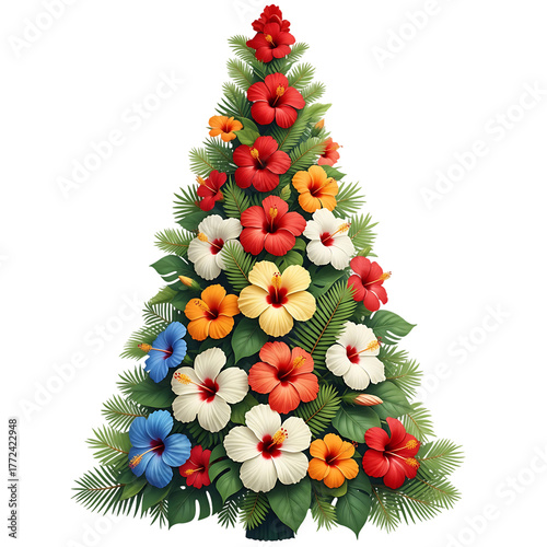 Christmas Tree Decorated With Vibrant Tropical Hibiscus Flowers Isolated On Transparent Background