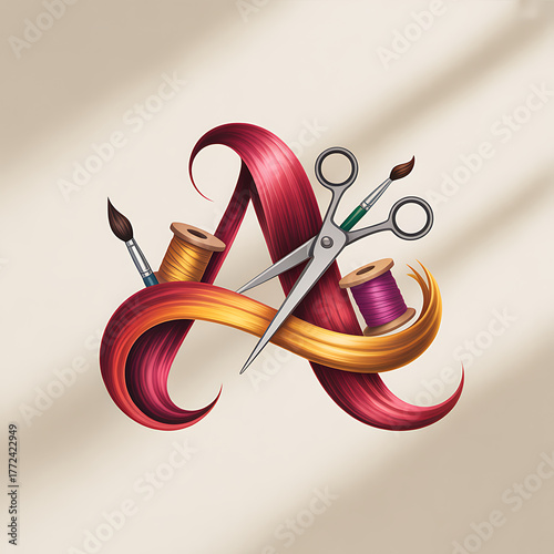 Abstract letter A formed by flowing hair with scissors and spools of thread logo