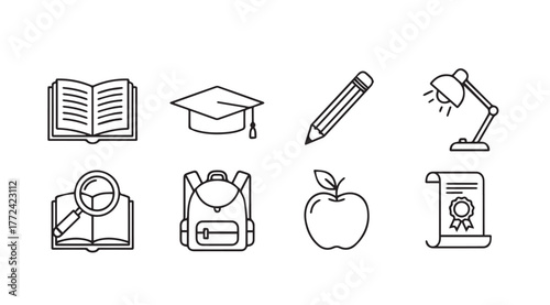Chalkboard style school icons open book graduation cap pencil lamp apple backpack diploma vector