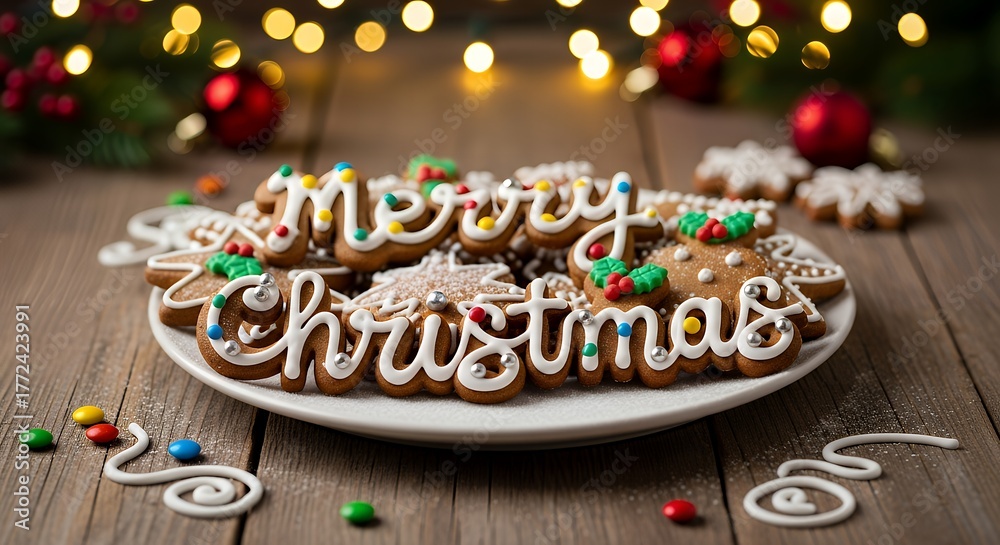 Naklejka premium A plate of merry christmas cookies on a wooden surface with lights