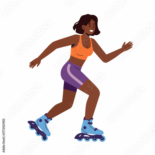 Flat Illustration Joyful Black Woman on Roller Skate Outdoor Activity