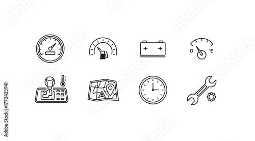 Set of hand drawn automotive icons representing car repair service and vehicle performance monitoring vector