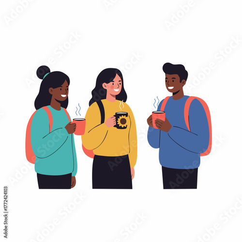 Flat Illustration of Diverse Friends Enjoying Warm Drinks and Relaxing Together