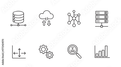 Set of eight hand-drawn technology icons representing data cloud networking servers analytics and more vector