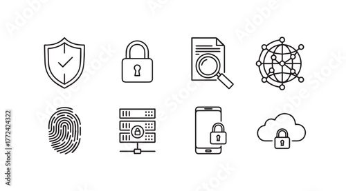 Digital security icons set featuring shield fingerprint lock cloud network and data protection vector