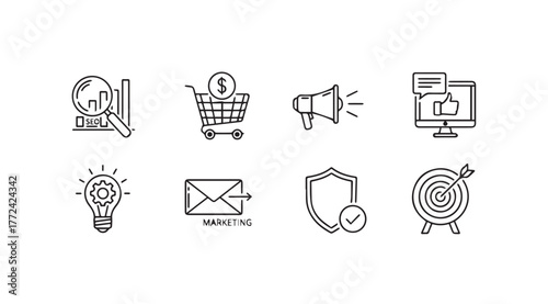 Collection of hand-drawn business and marketing icons for digital projects and presentations vector