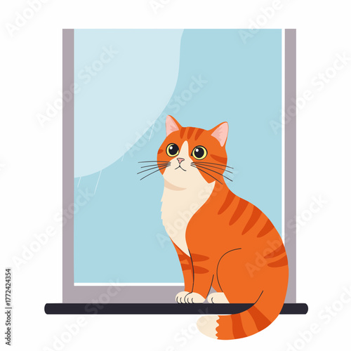 Cute Cartoon Illustration of a Cat Sitting on Window Sill Indoors