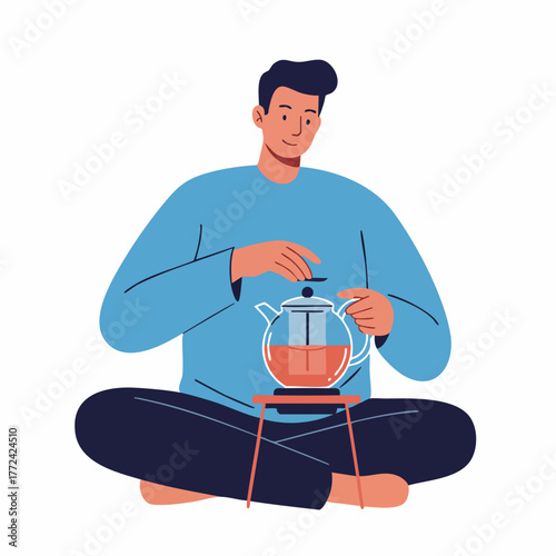 Flat Style Detailed Man Preparing Infusion Tea Pot Illustration