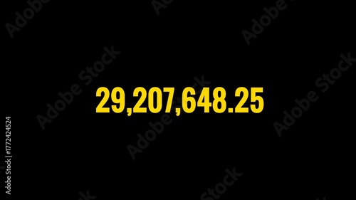 Number Counter Bright Yellow 1 to 50M Animation on black Background, 4K Money, Data, and Amount Growth Concept Video.